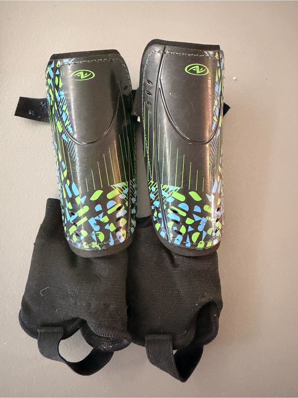 Athletic Works Black Shin Guards with Blue & Green Accents